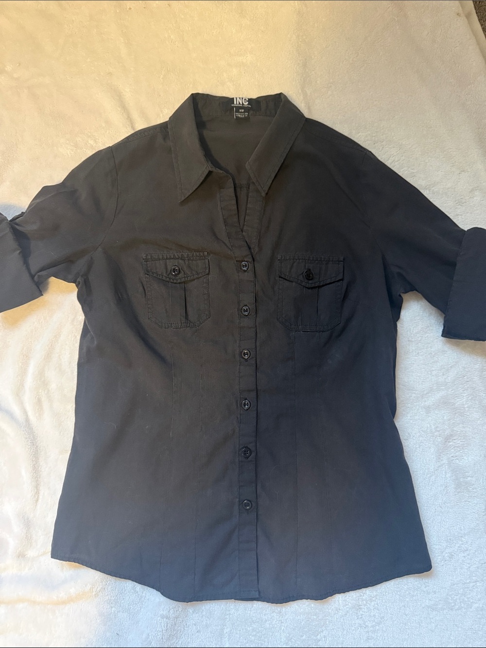 INC International Concepts Black Button-Down Shirt with Chest Pockets